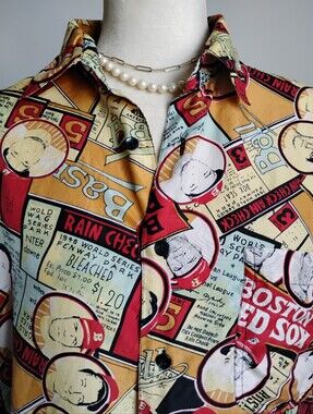 Robert Stock Silk Button Up Shirt Vintage Boston Red Sox Baseball Colorful Sz Lg